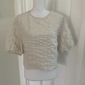 By Min Textured Blouse Taupe Cream Short Sleeve Balloon Elbow Sleeves Sz Small